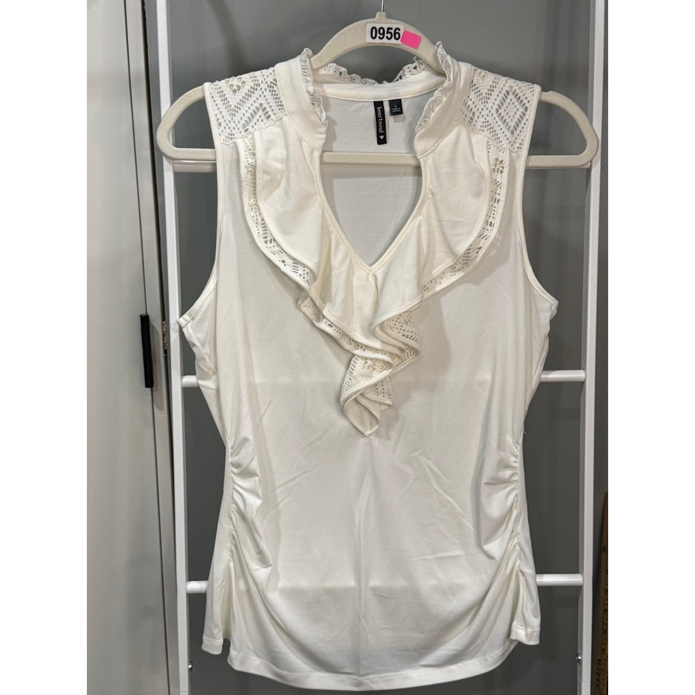 Heartsoul Ivory Ruffle V-Neck Sleeveless Top Lace Shoulder Ruched Blouse‎ L Y2K